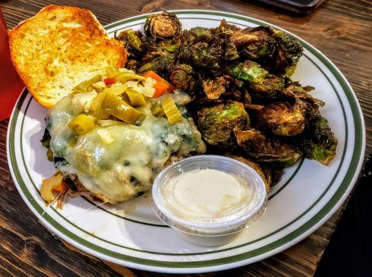 Pork Giardiniera Sandwich with Butter Brown Brussels Sprouts at Grind