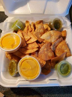 Flour chips and 4oz nacho cheese. Yum!