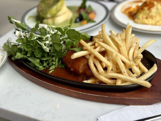 Japanese Hamburger - ground beef with onion, egg, milk, panko bread, scallop powder, with demi-glace sauce, served with fries and watercress