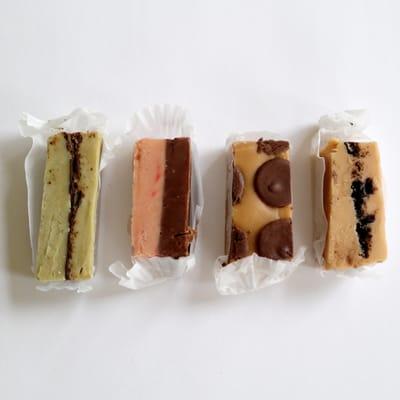 From left to right: Irish Mint, Raspberry and Chocolate, Peanut Butter Cup, Cookies n' Creme