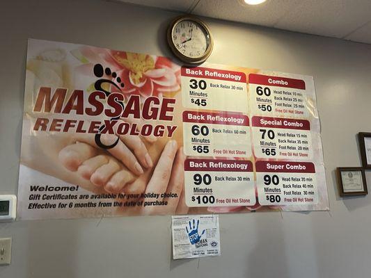 Prices for different massages