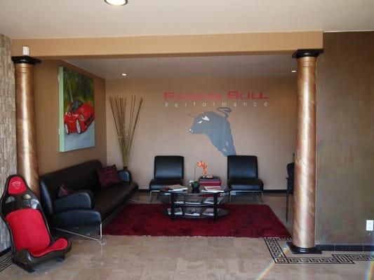 Customer lounge area. Enjoy a movie, surf the internet or complete work tasks at a desk station, while enjoying a drink or snack