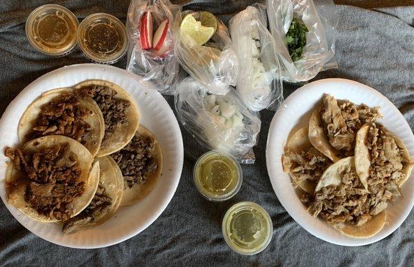 Left to right: 2 al pastor tacos, 3 carne asada tacos and 4 carnitas tacos.  $1.50 each, $13.91 total