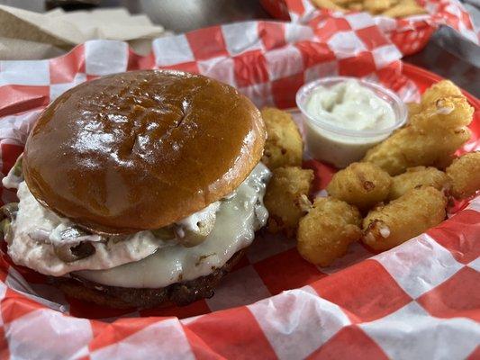 Olive smash burger, cheese curds and ranch.