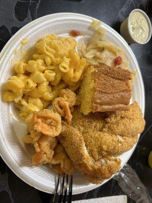 Fried catfish and shrimp with cabbage and Mac-n-cheese!