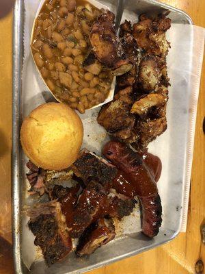 Two meat platter with rib tips and sausage