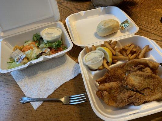 Low Country Flounder with fries and salad (takeout)