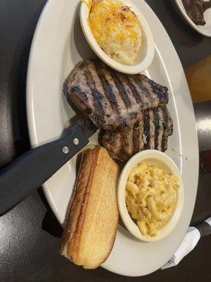 Two- 5 oz Porterhouse Pork Chops w/ Loaded Mashed Potato, Macaroni & Cheese, and Carolina Toast