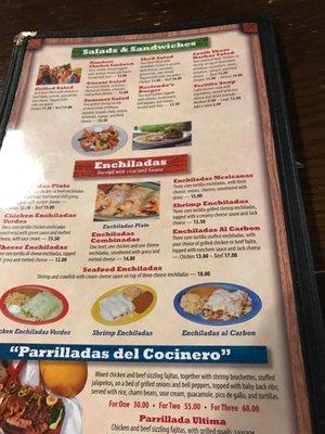 Salads and enchilada menu