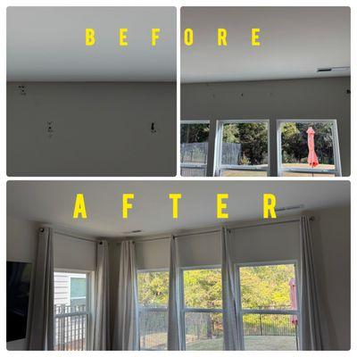 Drywall repair, paint, curtain rods.