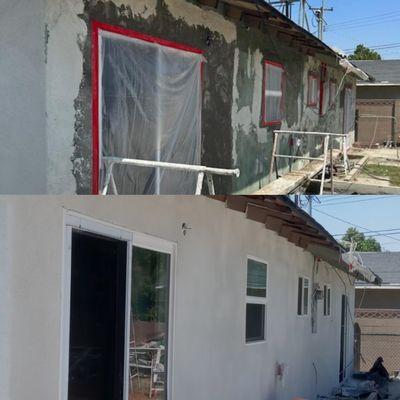 Before and after the install of our custom smooth white plaster finish.