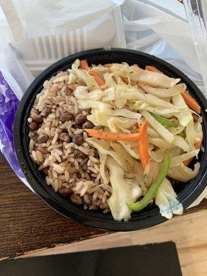 Rice and Peas, Steamed Cabbage , Mild Beef Pattie