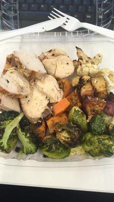 Chicken, sweet and regular potatoes, broccoli, cauliflower, Brussels sprouts