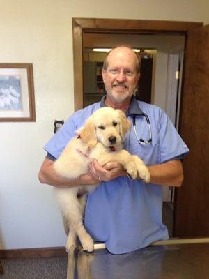 Dr. Ross with a new Golden Retriever patient named Nala.