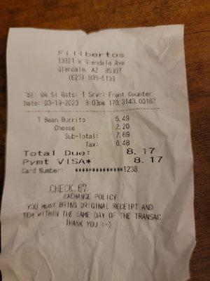 Receipt showing additional $2.20 charge for cheese on a bean burrito. I asked for a bean and cheese burrito