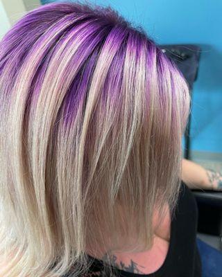 Bleach Blonde with Purple root smudge