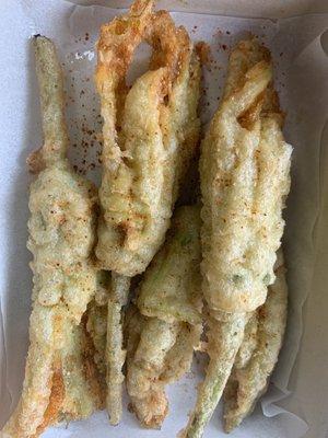 Tempura fried squash blossoms so good! Filled with herbed ricotta! Take out during pandemic