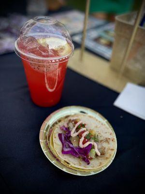 Dragon fruit,  strawberry,  passion fruit splash tea (fresh fruit) Kalua pork tacos  with pineapple pico de gallo & sriracha sour cream.