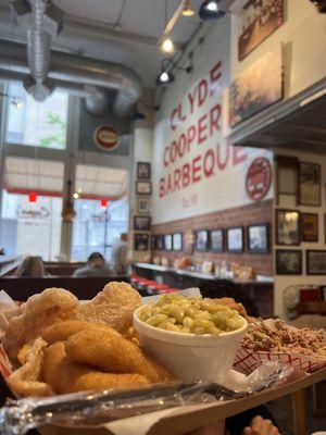 1/2 lb. Chopped (Barbecue) and Fried Chicken with a side of corn, hush puppies and pork rinds