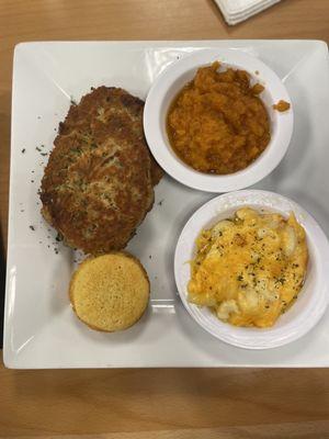 Salmon croquette, yams, Mac n cheese, corn bread muffin.