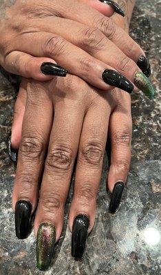 Black with holographic accent nails