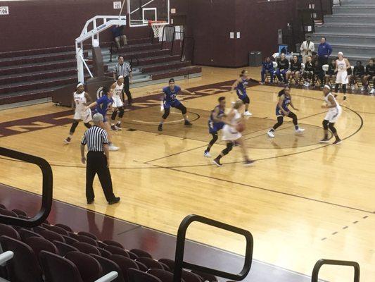 12/7/17. Thursday evening. Lady Yellowjackets Basketball (blue) vs. Centenary College Ladies (white). Gold Dome. Shreveport, Louisiana.