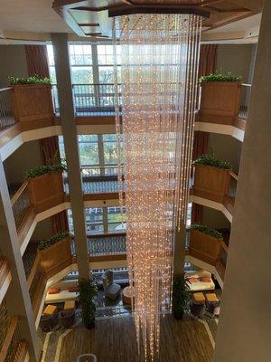 Pretty chandelier in the middle of the hotel