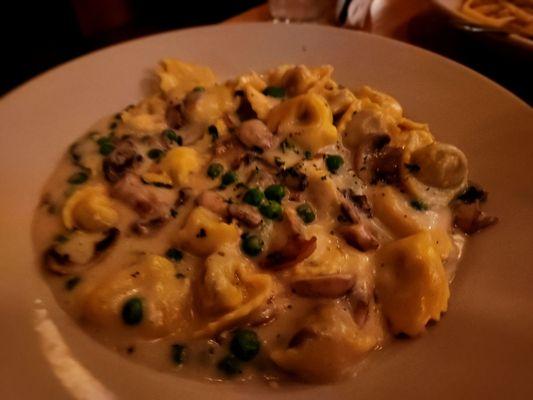 Tortellini with peas, mushrooms and garlic