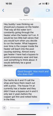 Aqua Pool tech's scare tactic or "advise" to get something that we found out will damage our pool heater.