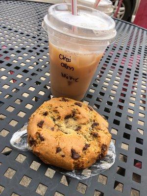 Chai latte with almond milk and a huge chocolate chip cookie