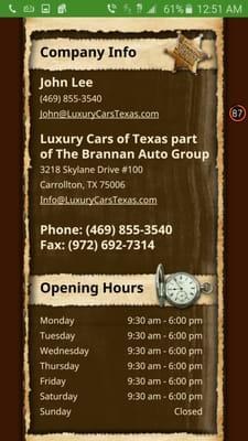 Luxury Cars of Texas Hours