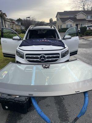 Windshield Replacement on the Benz! Waiting for her new shades.