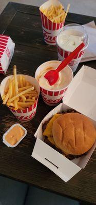 Double steak burger, fries, and a vanilla concrete