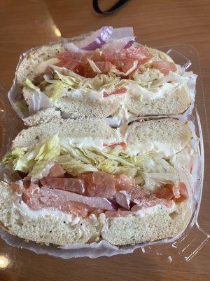 Always my go to a toasted everything bagel with lox, veggie cream cheese, lettuce, tomato, and onion. Best bagel in the Poconos!