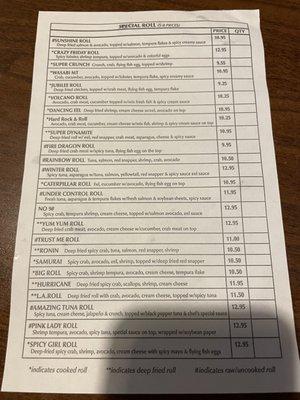 Sushi menu