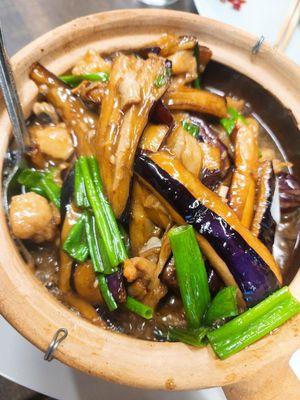 Eggplant, salted fish and chicken in clay pot