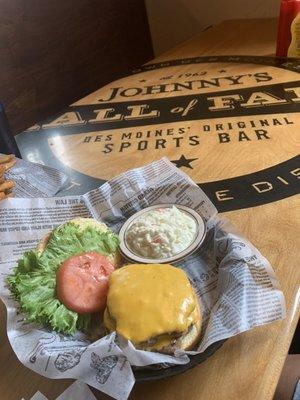 Double patty cheeseburger and coleslaw