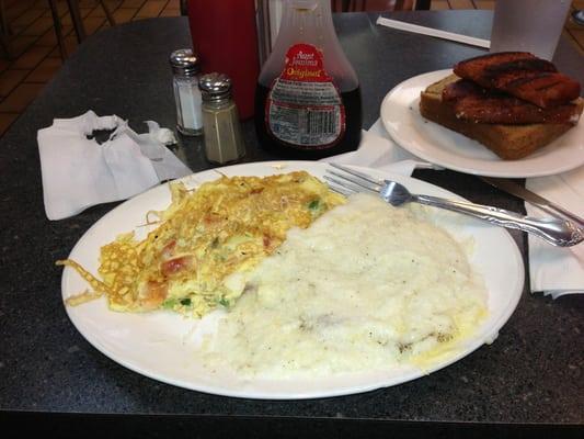 Veggie Omlette, Grits, Beef sausage and whole wheat toast