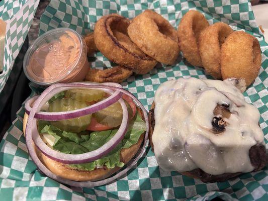 Mushrooms Swiss burger w onion rings