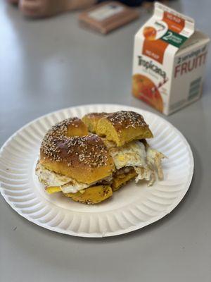 Sausage, egg, salt & pepper on egg everything bagel