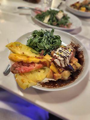 Heirloom Tomato & Burrata -pickled beets, stone fruit, arugula, lemon basil vinaigrette, balsamic, crispy prosciutto