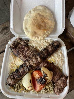 Kabob Sultani Entree and Beef Koubideh Kabob Entree