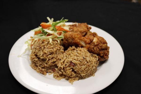 fry chicken raw vag with rice&peas