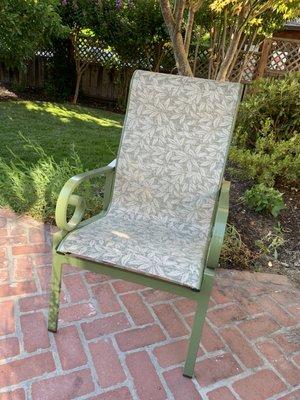 Restored Tropitone sling chair. Replaced material and powder coated metal frame.