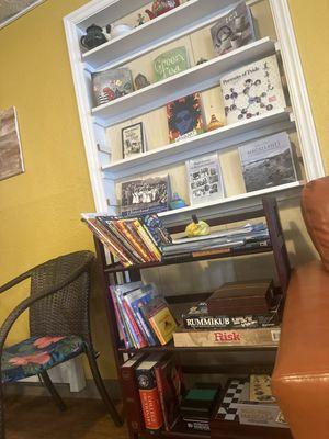 Games and books to choose from for relaxing or hanging with friends!