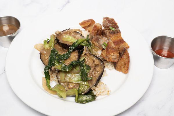 Bok choy and eggplant, garlic rice, and lechon kawali (deep fried pork belly- yes, deep fried pork belly) - about 1/3 of an order.