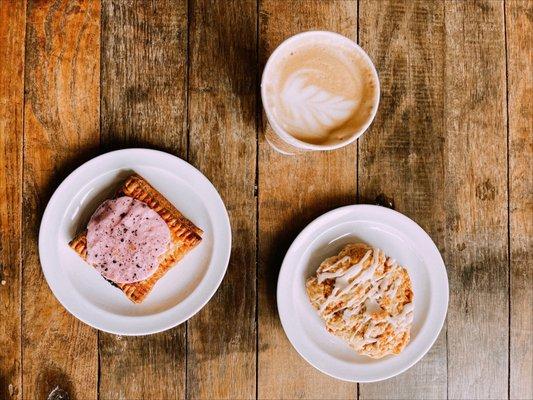 Cappuccino, blueberry pop tart, butterscotch pastry