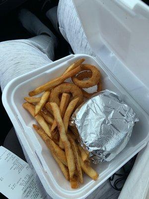 CheeseBurger, fried and onion rings