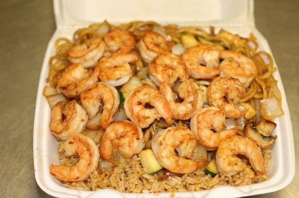 Double shrimp hibachi with Lo Mein Noodle and Fried Rice.