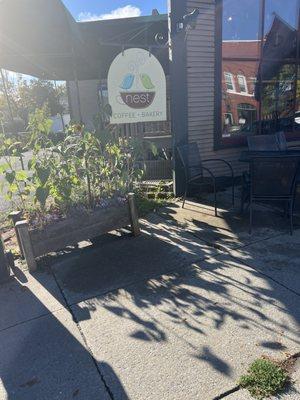 Outdoor seating in the morning sun.